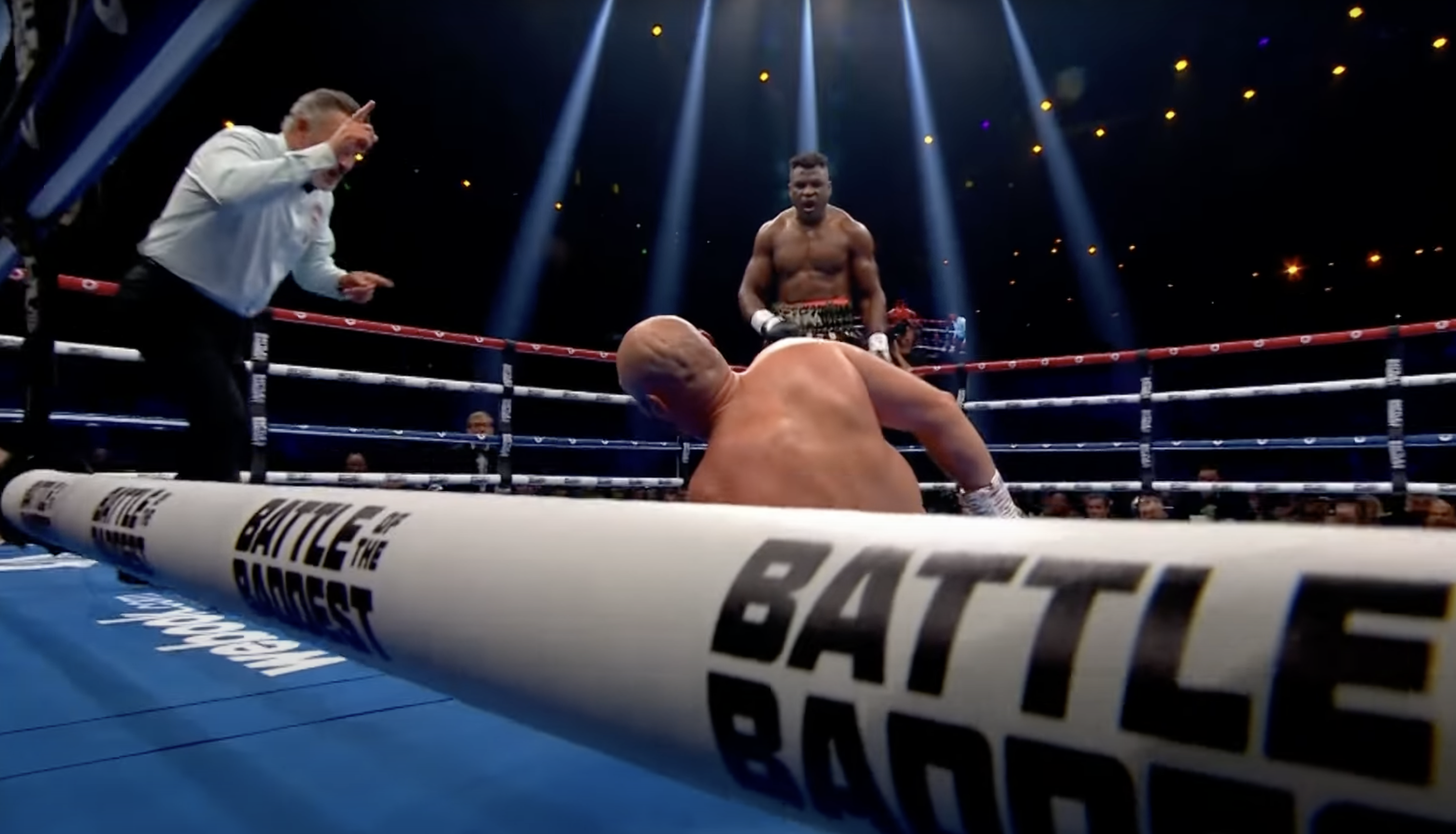 Tyson Fury on the floor after getting knocked down by UFC star Francis Ngannou.